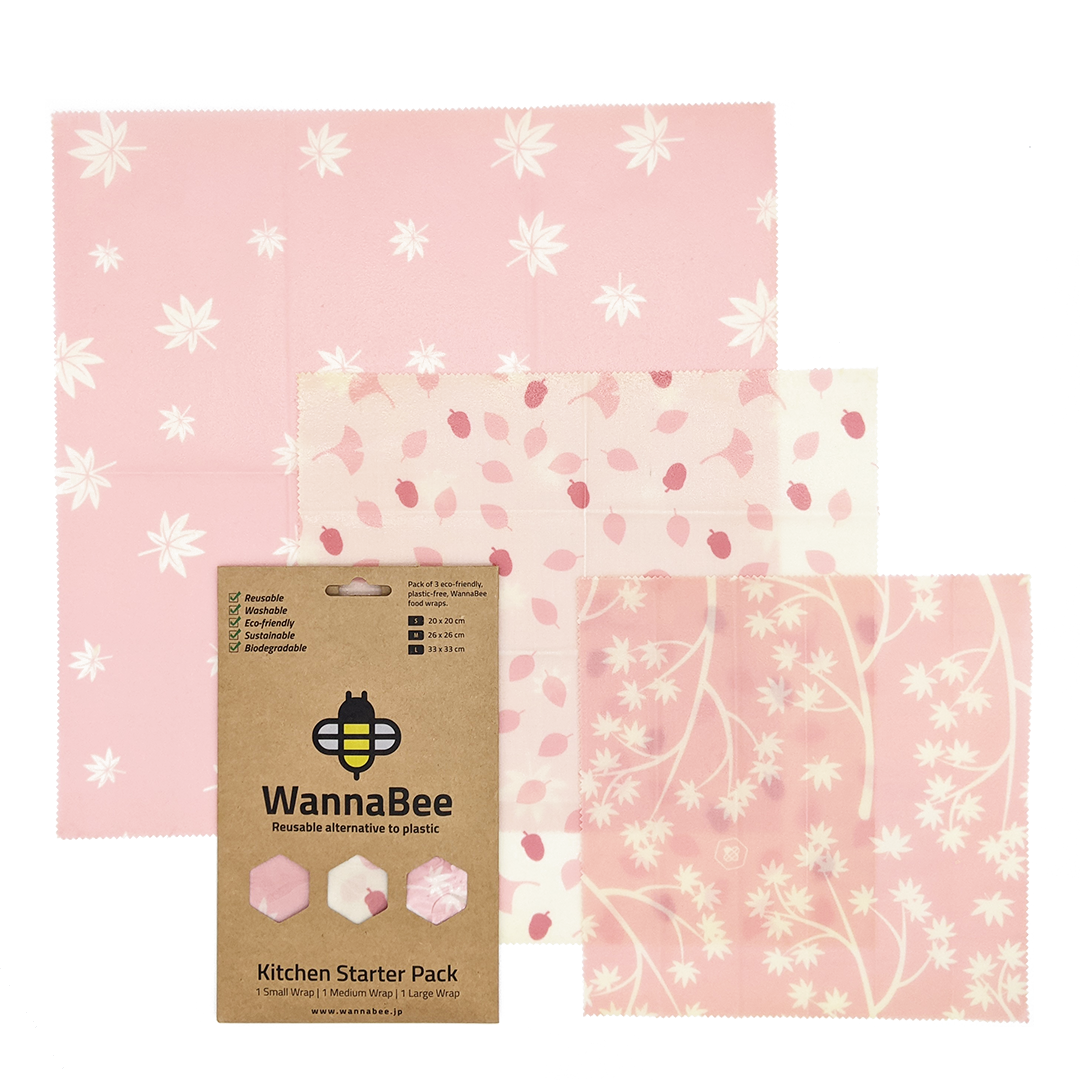 WannaBee 蜜蝋ラップ Pink Leaf柄 3枚入りセット（S・M・L